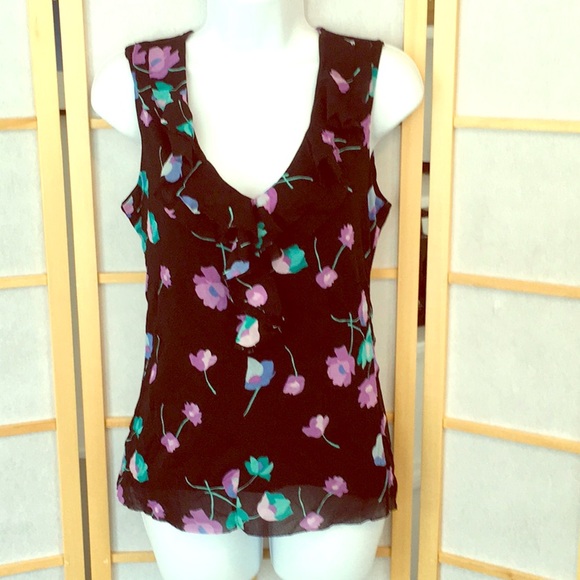 LOFT Sleeveless Sheer Top Ruffles Jewel-tones on Black - Picture 1 of 9